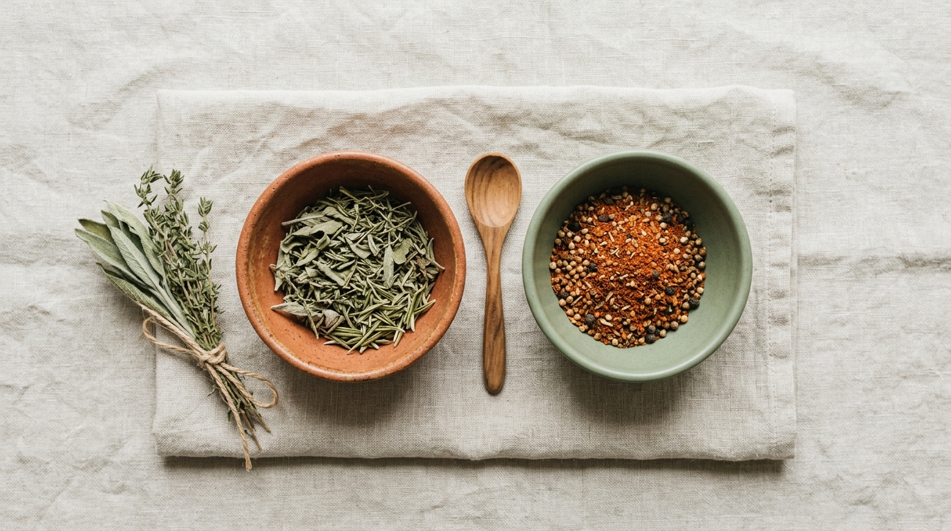 Deux petits bols en céramique mate côte à côte, l’un avec des herbes séchées, l’autre avec une épice moulue