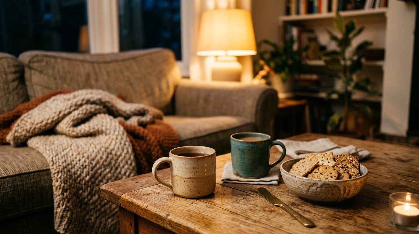 Table basse de salon en soirée : mugs dépareillés, bol de crackers et plaid posé sur le canapé