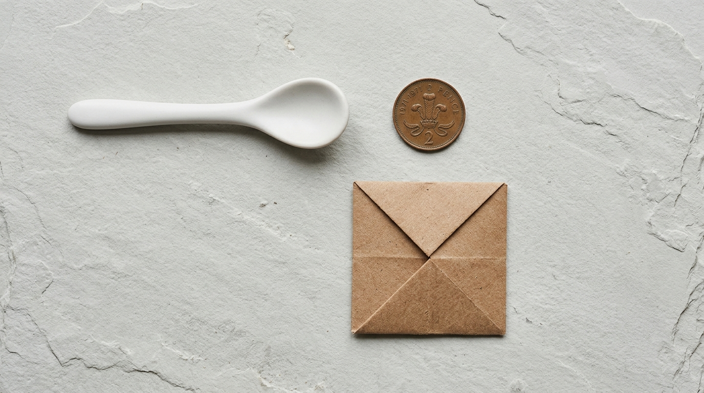 Petite cuillère en céramique, une pièce de monnaie et un carré de papier plié sur une surface en ardoise claire