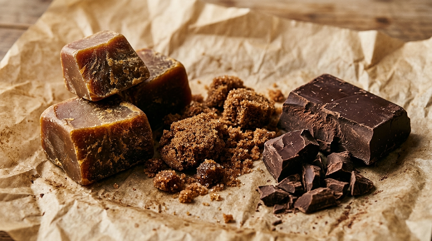 Blocs de cire d’abeille ambrée, sucre roux émietté et éclat de chocolat noir sur papier sulfurisé