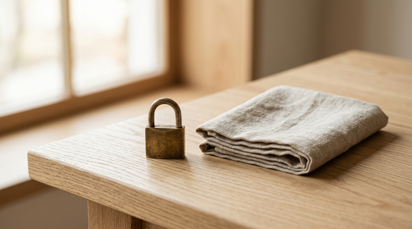 Petit cadenas en laiton posé près d’un linge plié sur un bureau en chêne clair