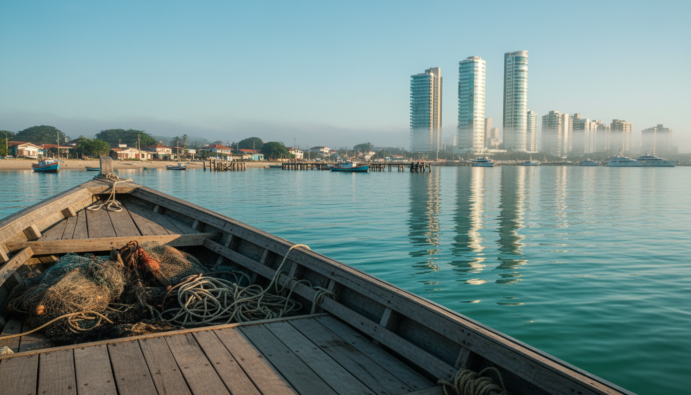 Contraste entre vila de pescadores e torres modernas em Porto Belo SC — R$ 1,5 bilhão em VGV trimestral