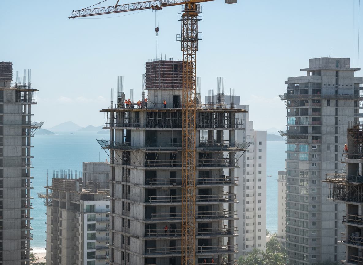 Canteiro de obras em Porto Belo SC — torres residenciais em construção com valorização de 86% desde 2022
