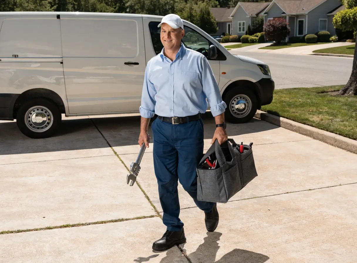 Service technician beside a work van