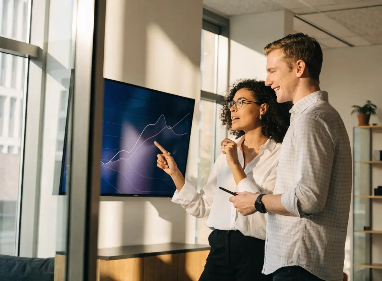 Two professionals reviewing business growth on screen