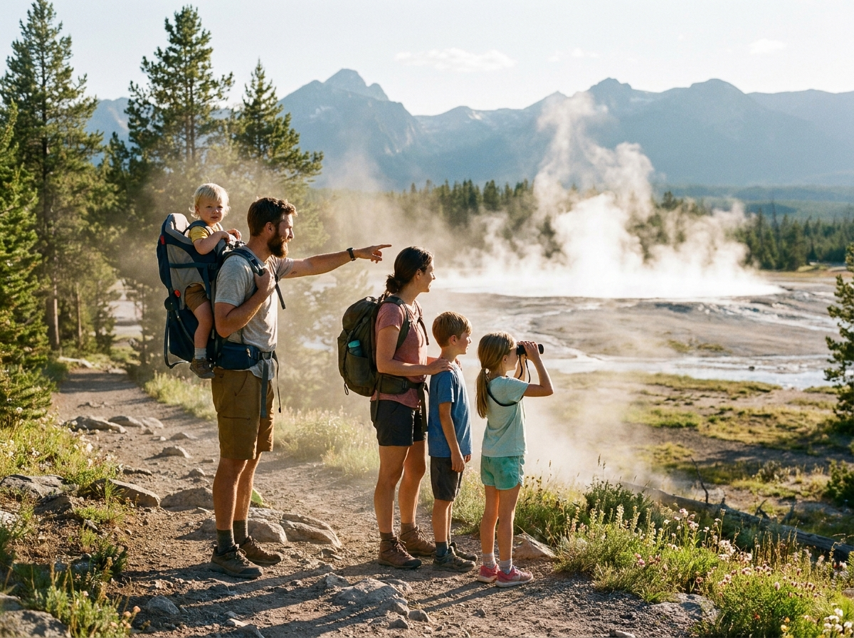 Family hiking at Yellowstone National Park