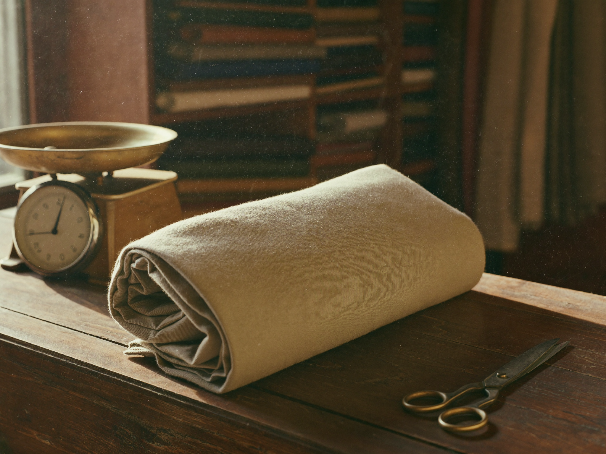 A fabric shop counter with a length of khaki summer suiting, a brass measuring scale and tailor's shears