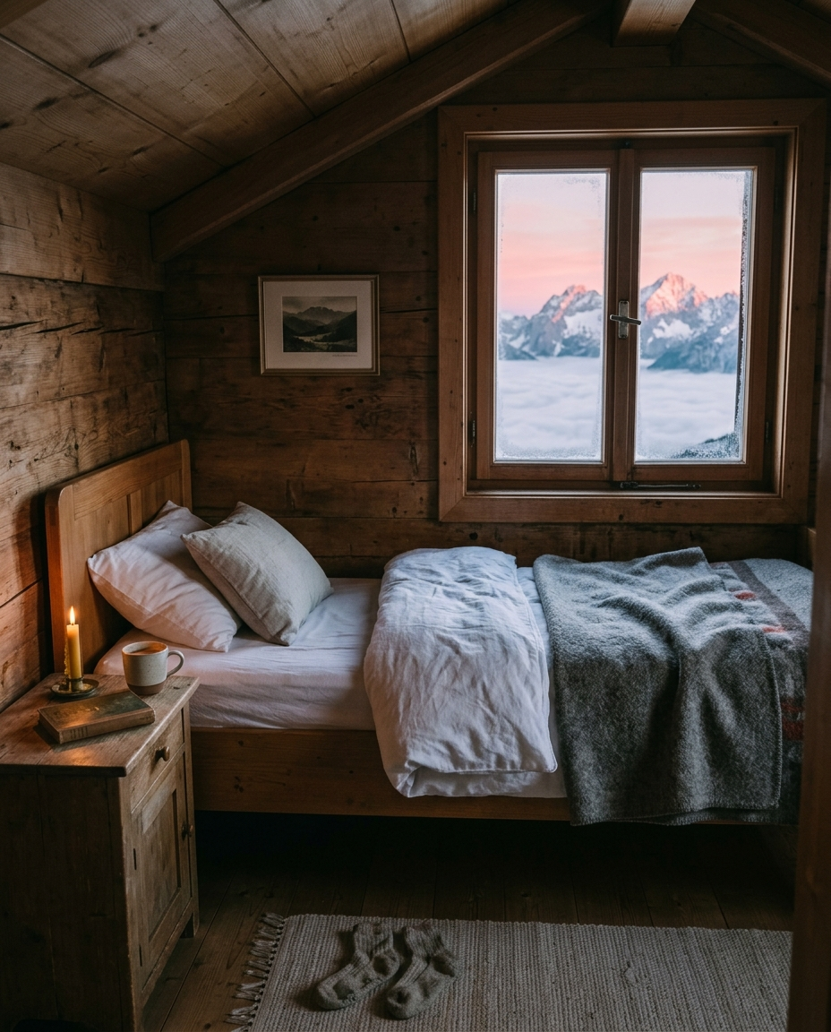 Zweibettzimmer der Ulmer Hütte im ersten Morgenlicht