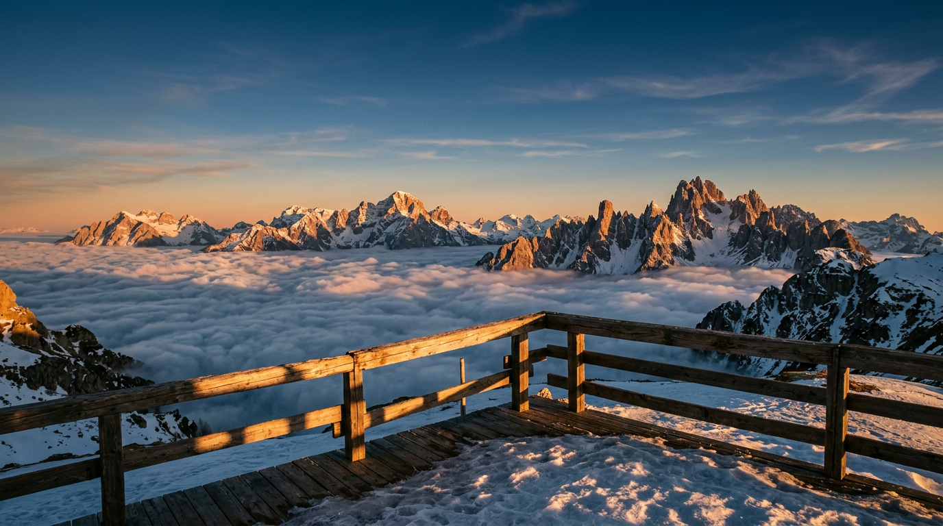 Blick von der Sonnenterrasse der Ulmer Hütte über das Wolkenmeer