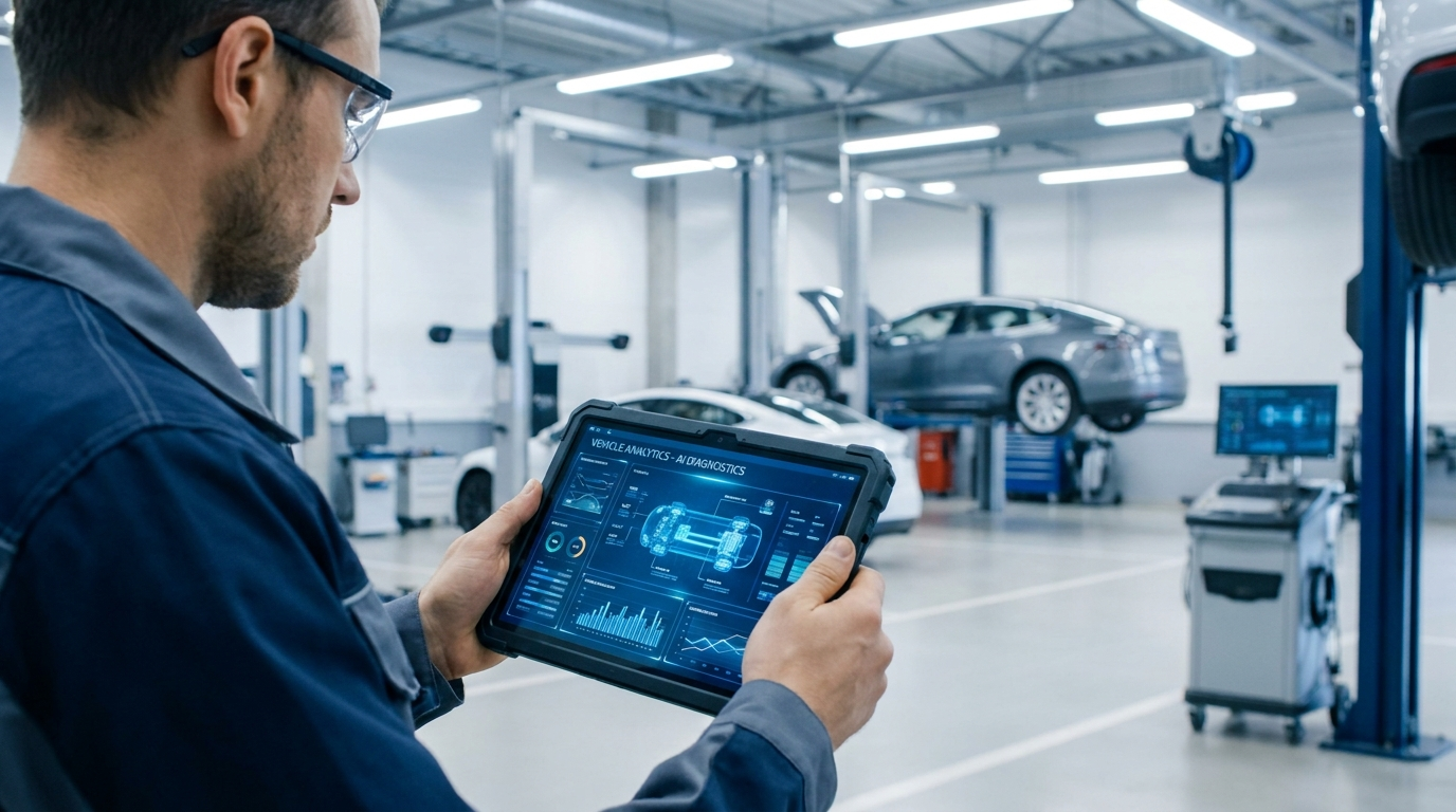Technicien automobile utilisant un tableau de bord d'analyse IA