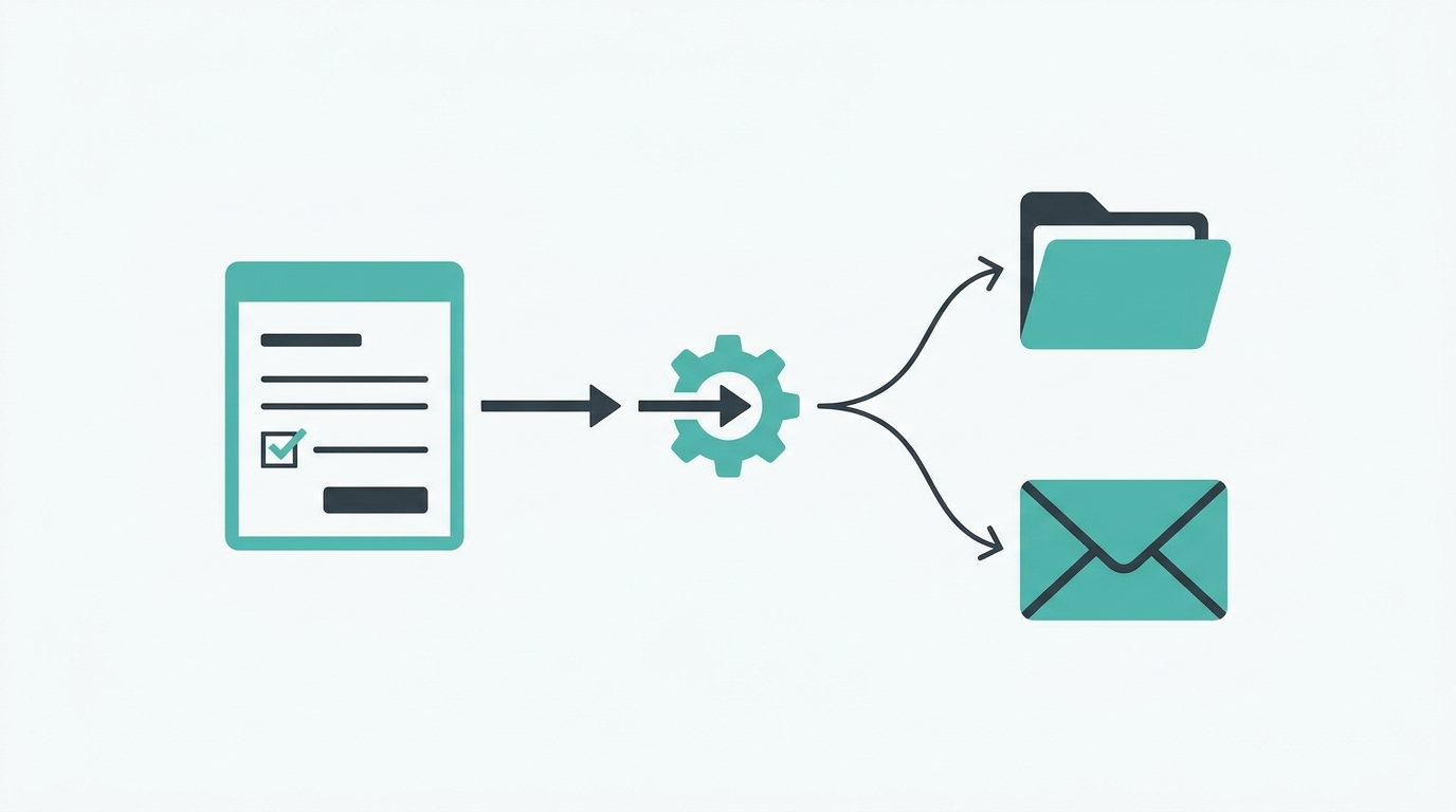 Workflow automation moving an intake form through an automated step to a folder and email output