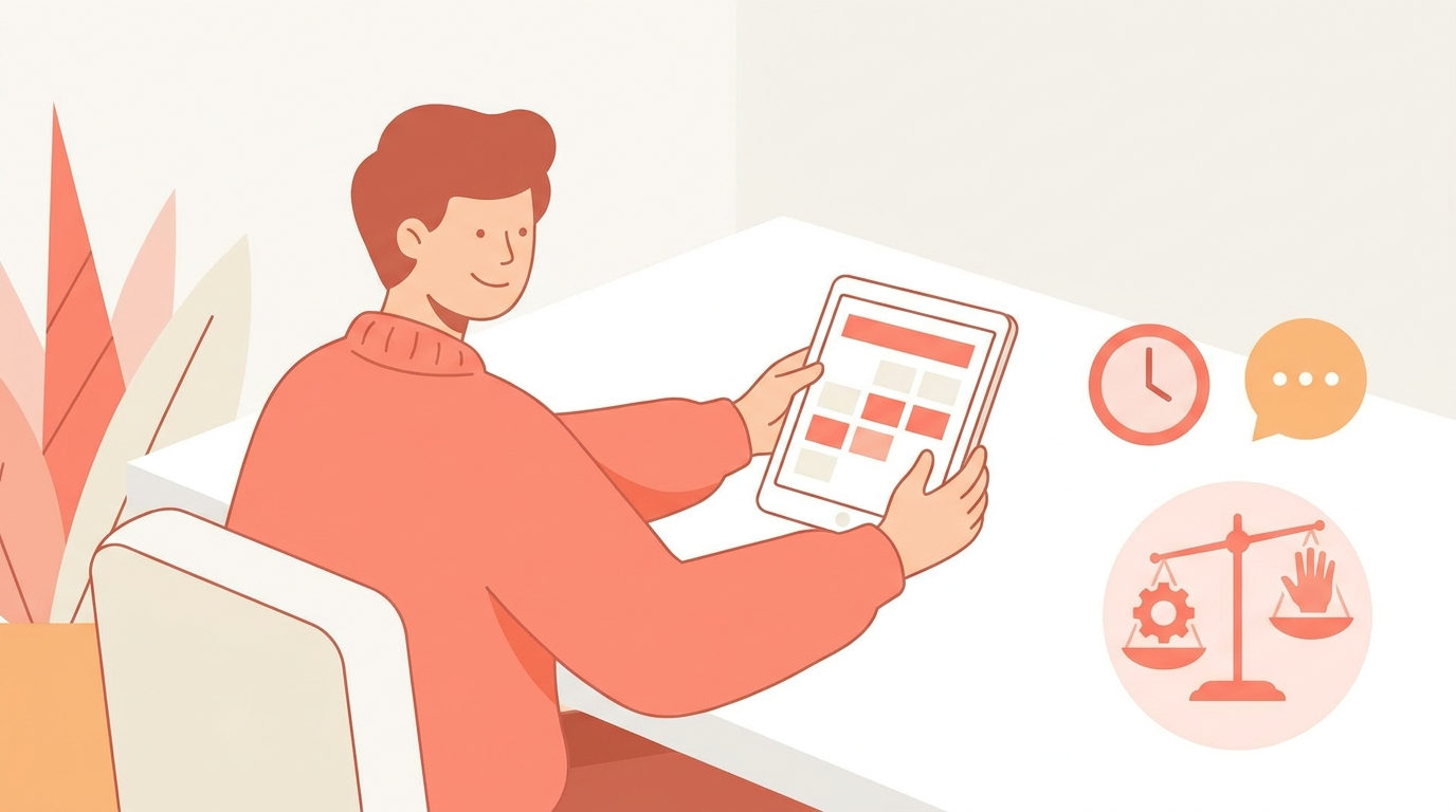 Solo entrepreneur setting up an AI-assisted social media schedule while keeping a human voice