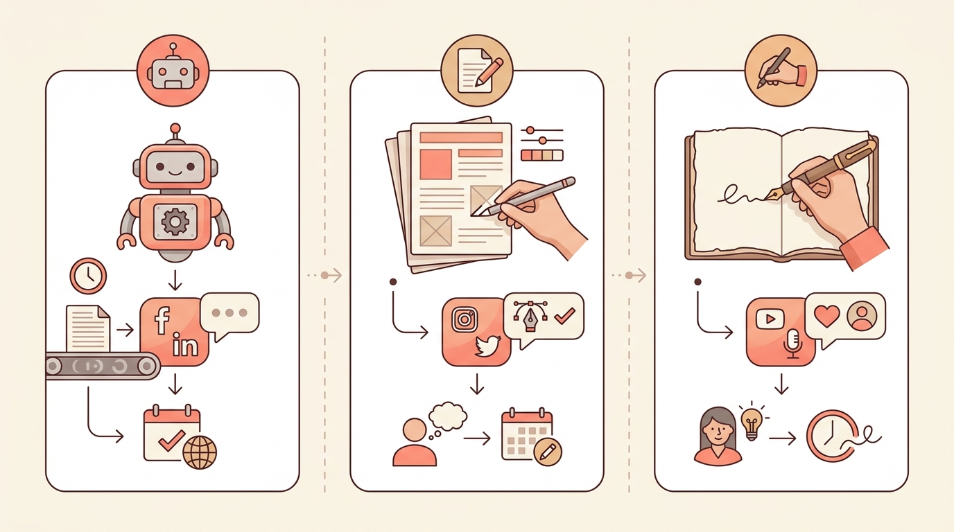 Comparison of fully automated versus template-first versus fully manual social media posting