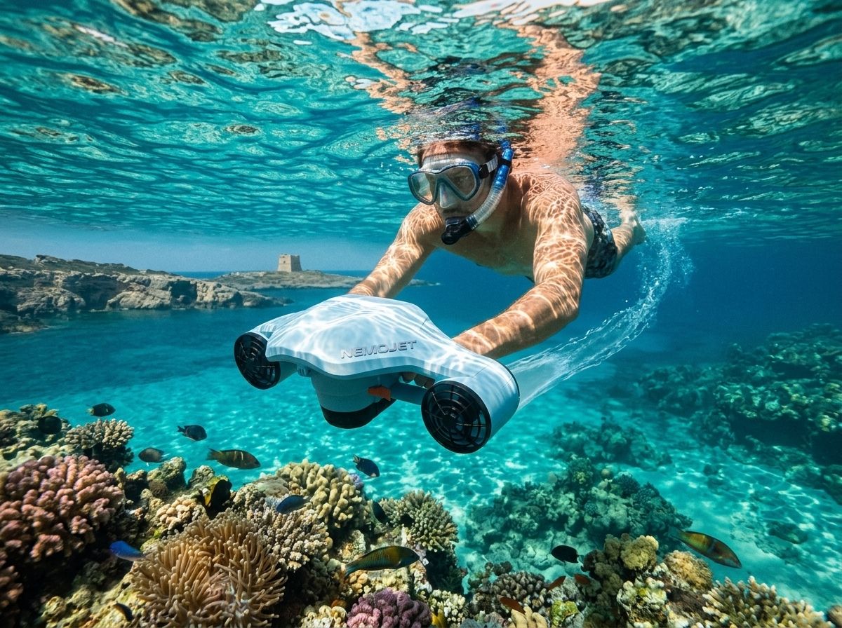 Snorkeler gliding over a coral reef with the NEMOJET sea scooter