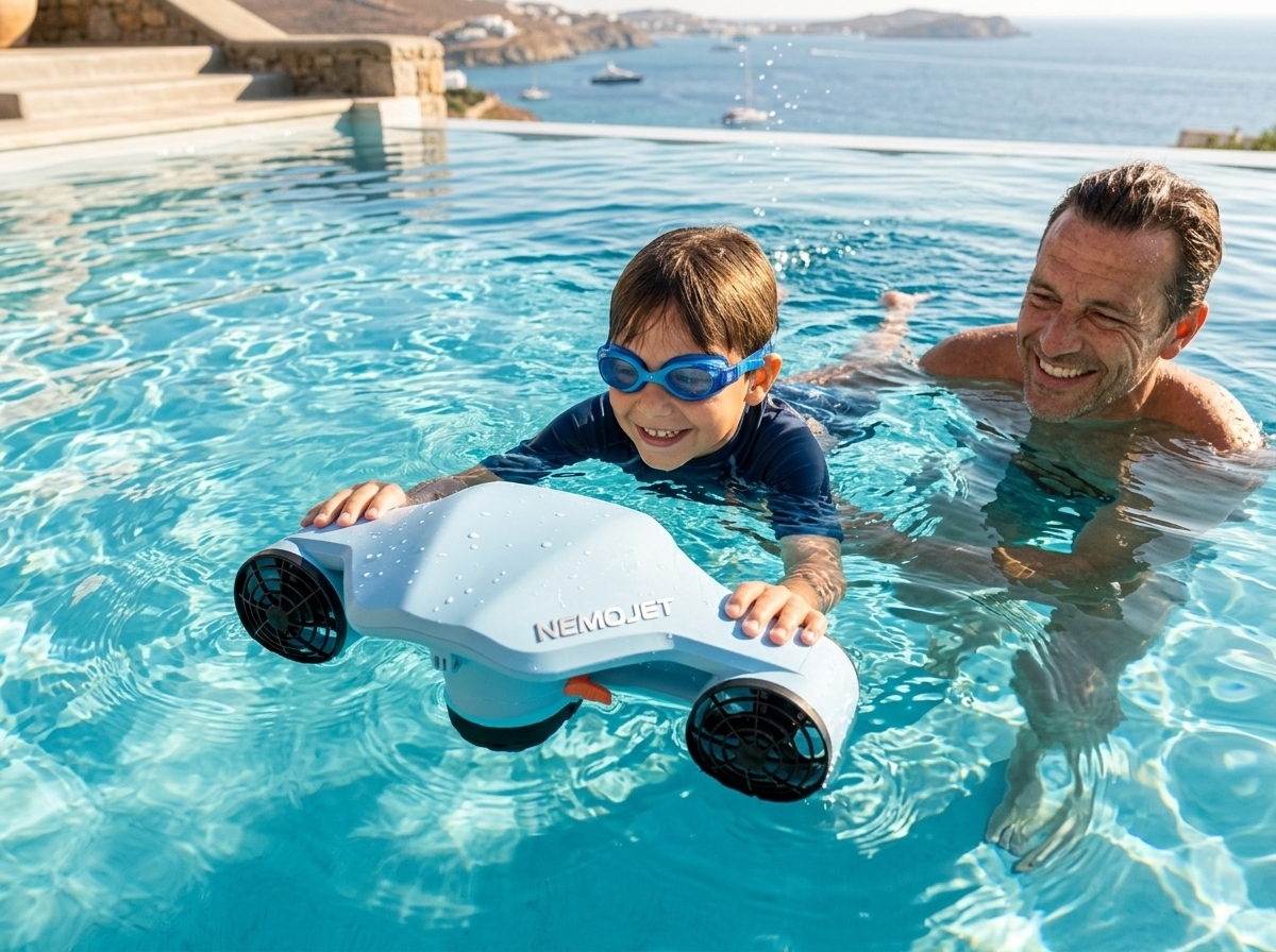 Child riding the NEMOJET in a pool with a parent close by