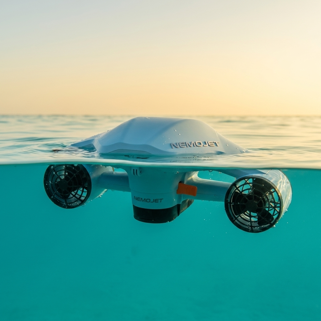 NEMOJET sea scooter floating at the water surface at golden hour