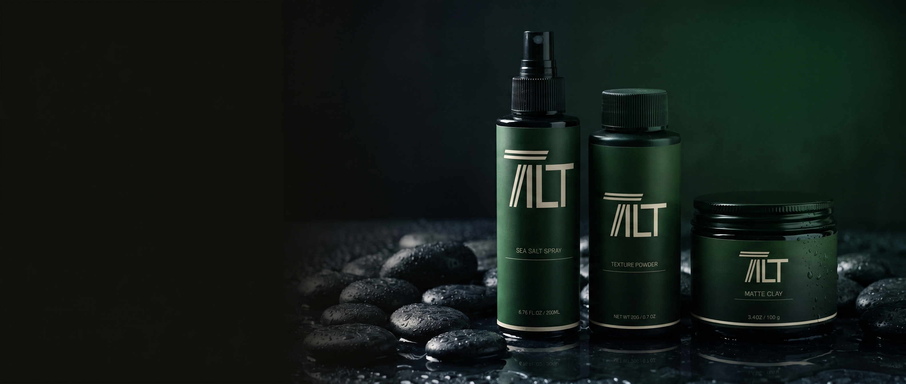 TILT Sea Salt Spray, Texture Powder and Matte Clay, men's hair styling products on wet stone