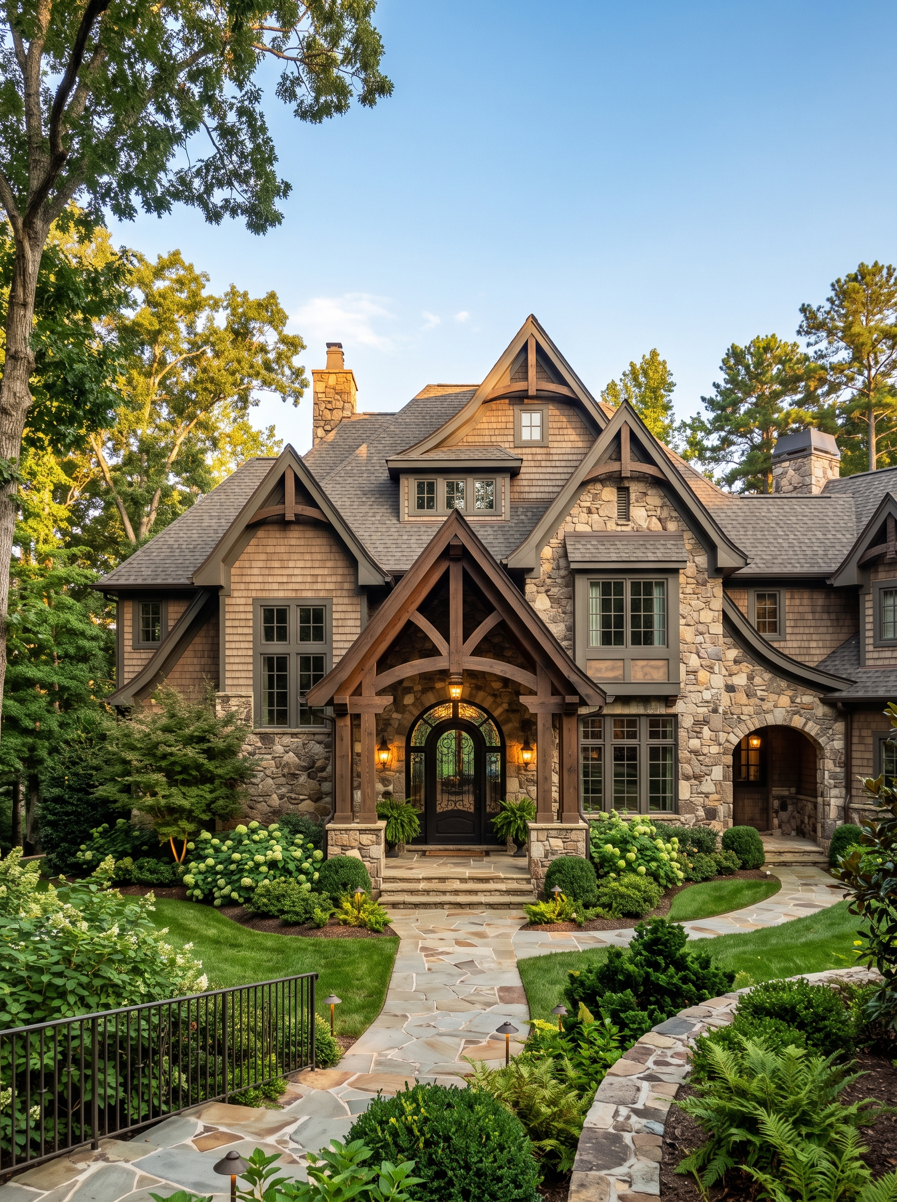 Luxury stone and cedar estate home with steep multipitch roof