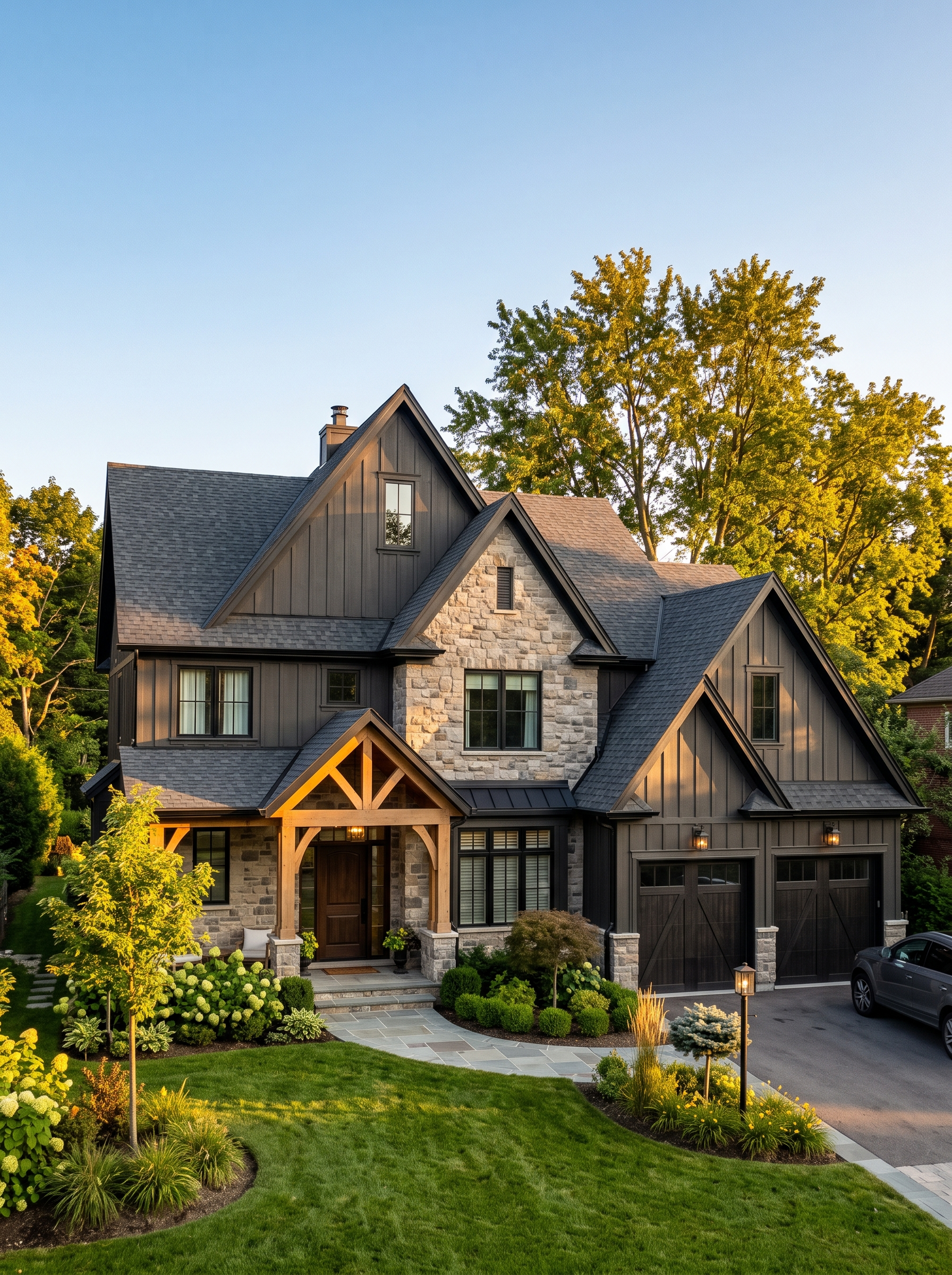 Upscale custom home with steep multipitch roof at golden hour
