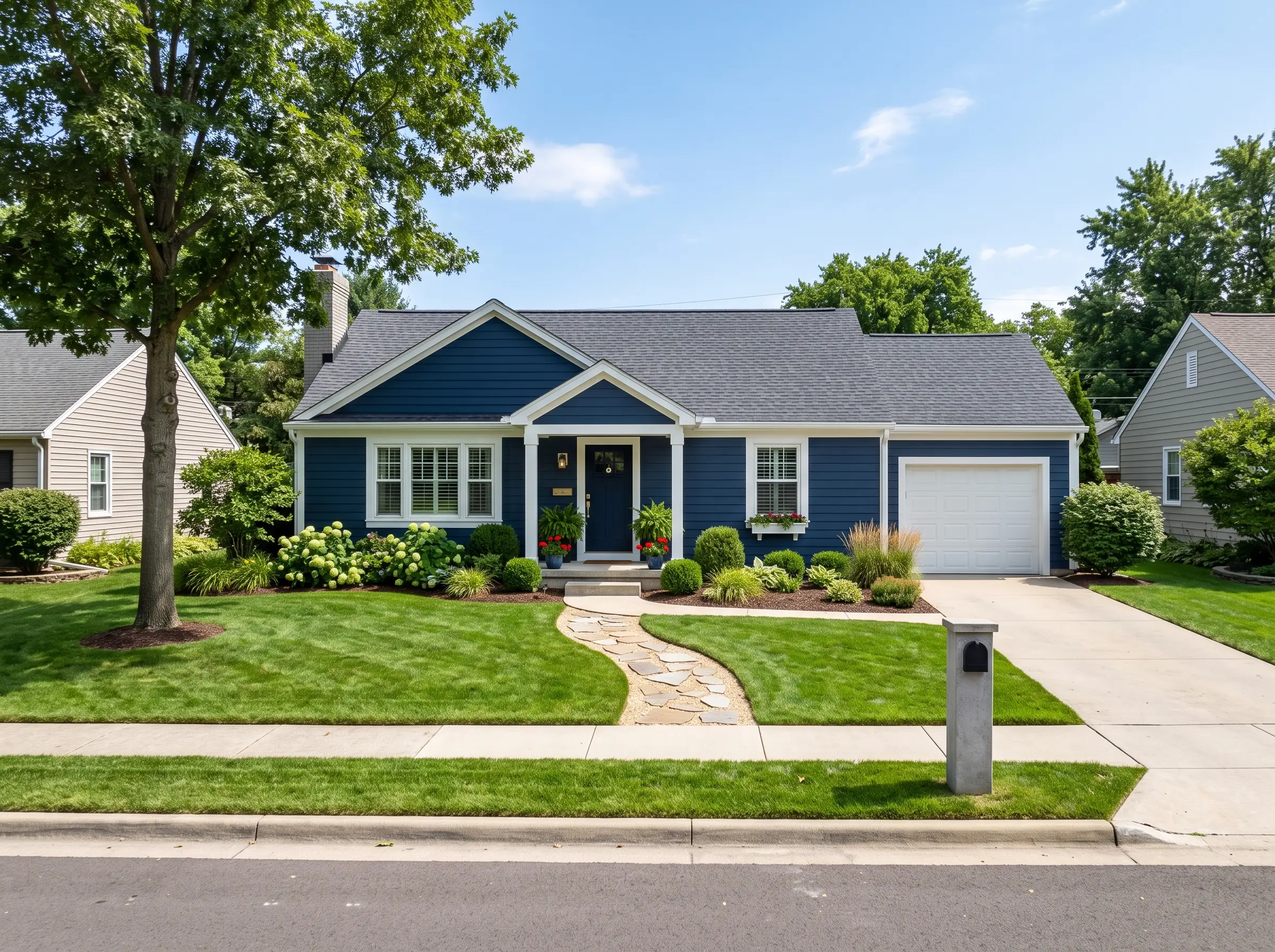Same home with fresh blue siding after Ironhorse Exteriors