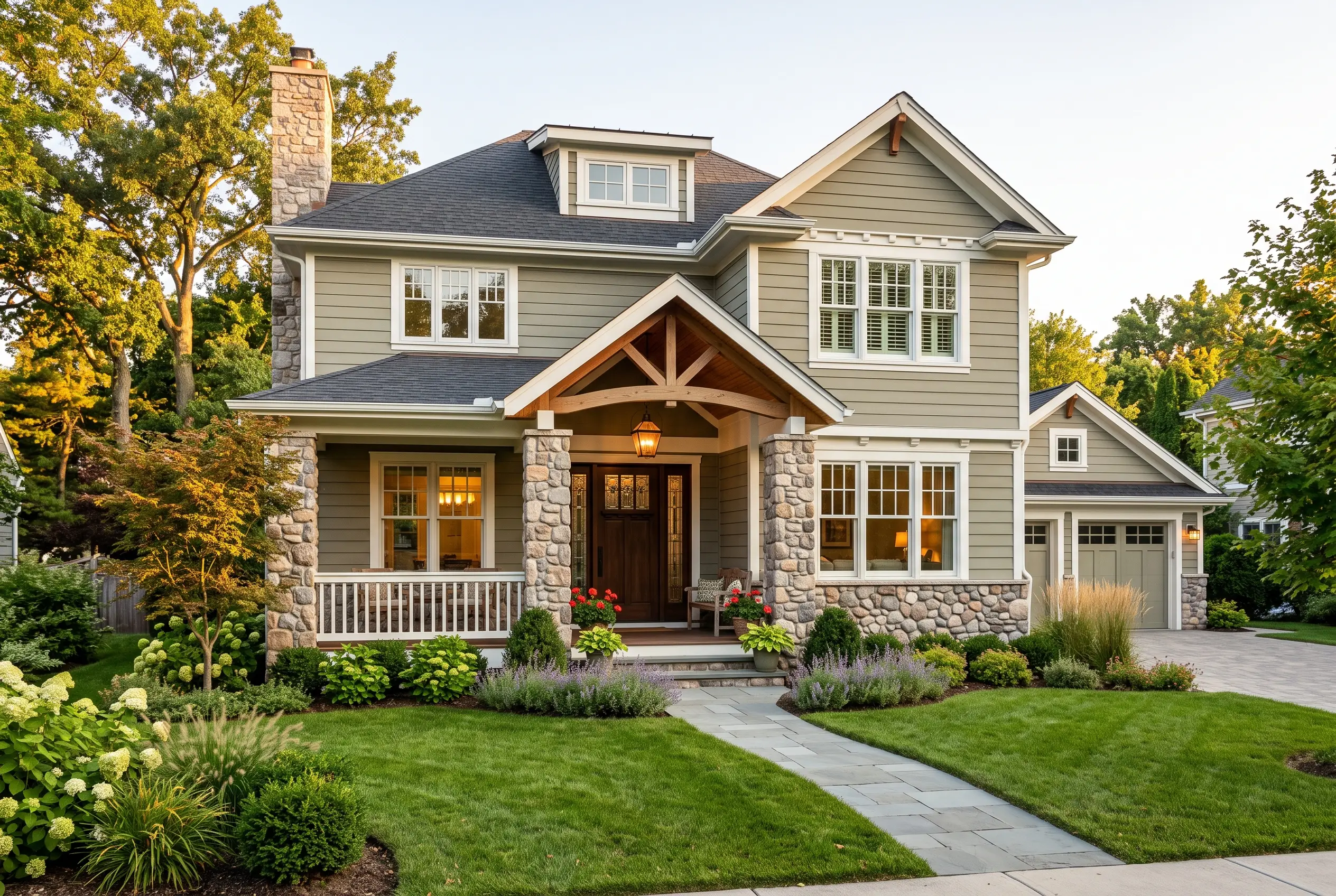 An elegant, finished home exterior by Evergreen Exteriors