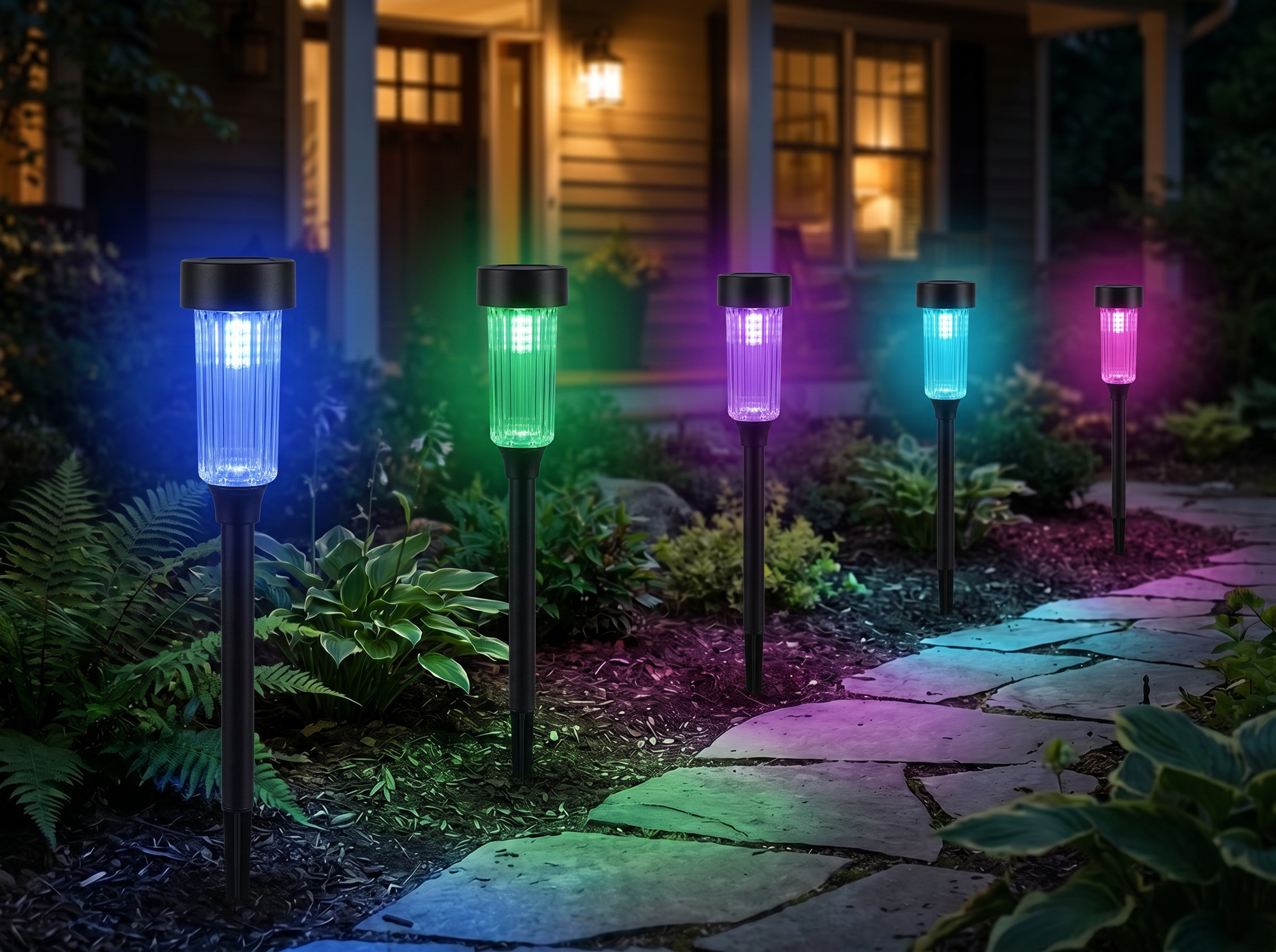Solarne RGB lampe svetle u dvorištu noću