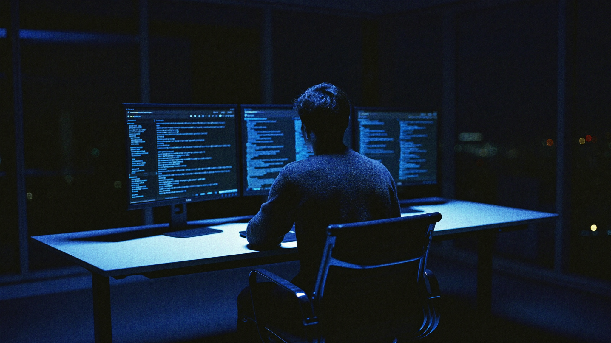 Analyst working late at a dark desk studying three monitors filled with AI generated answers and highlighted source citations, lit in deep electric blue