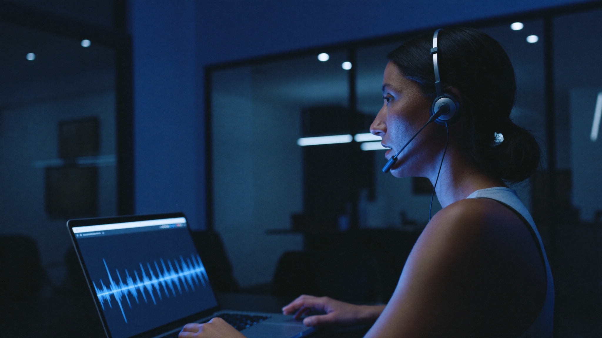 Professional woman wearing a headset speaking naturally to a laptop showing a glowing blue audio waveform during an AI voice discovery interview