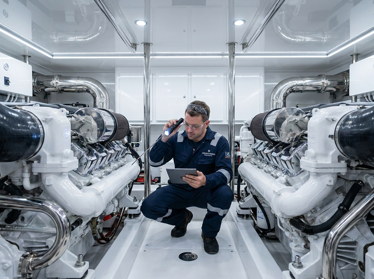 Yacht engine room inspection and marine systems maintenance