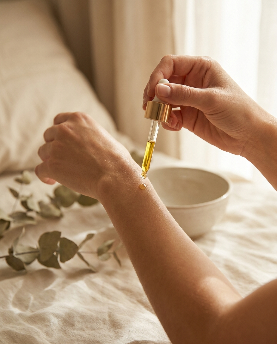 Applying LIRAVA botanical oil to smooth skin