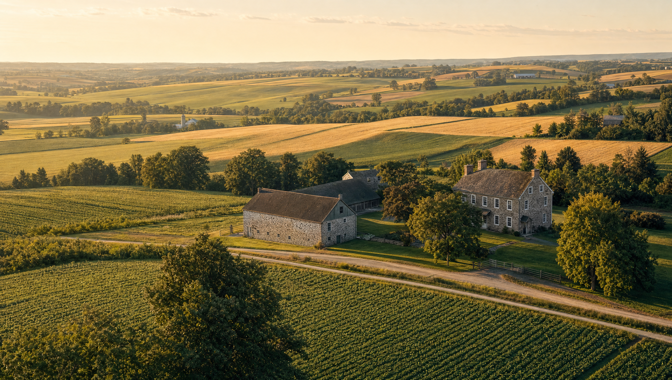 Fieldstone farmhouse and bank barn on Lancaster County farmland at golden hour