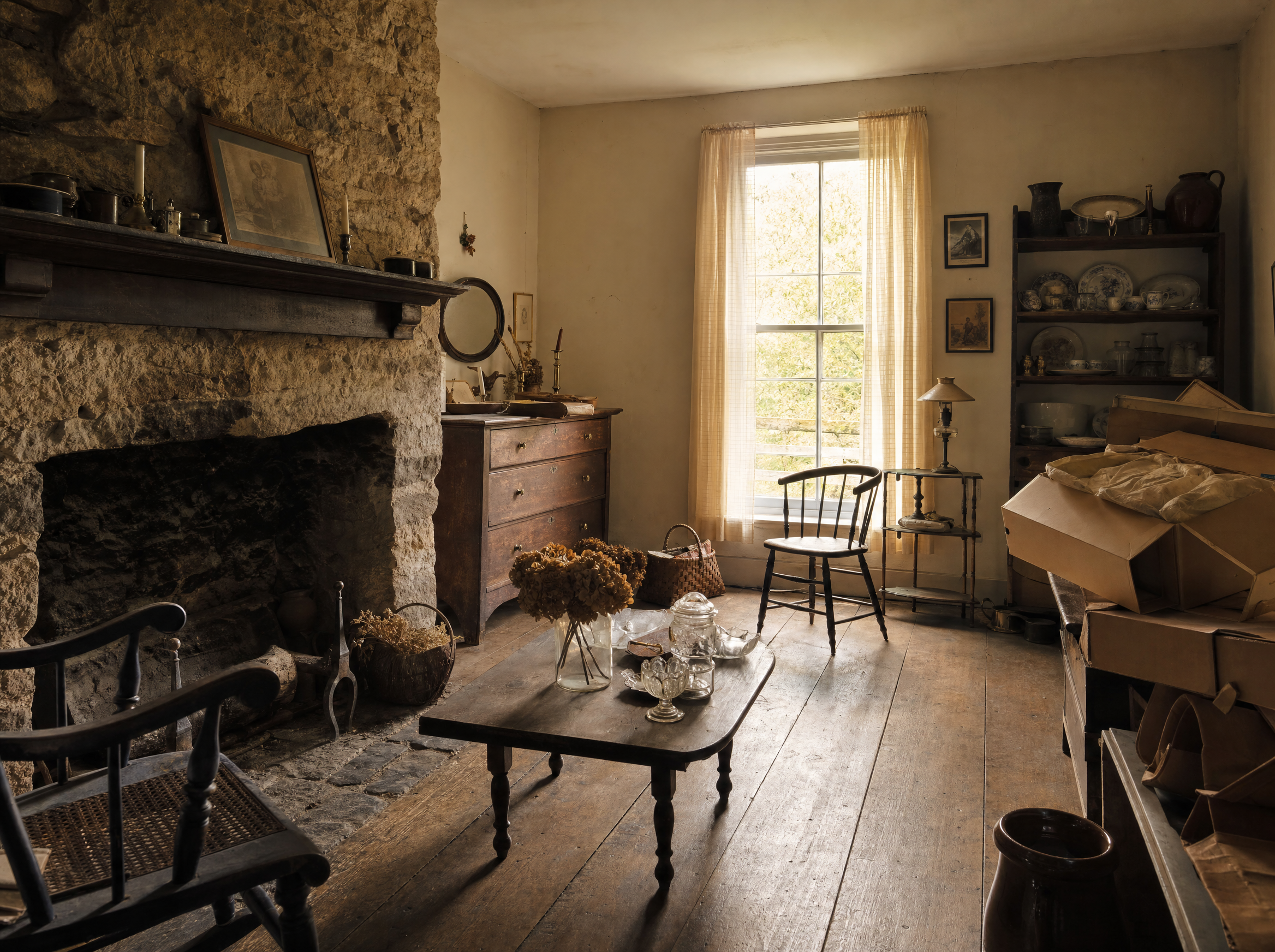 A farmhouse parlor with furniture, glassware and packing boxes still in place before an estate sale