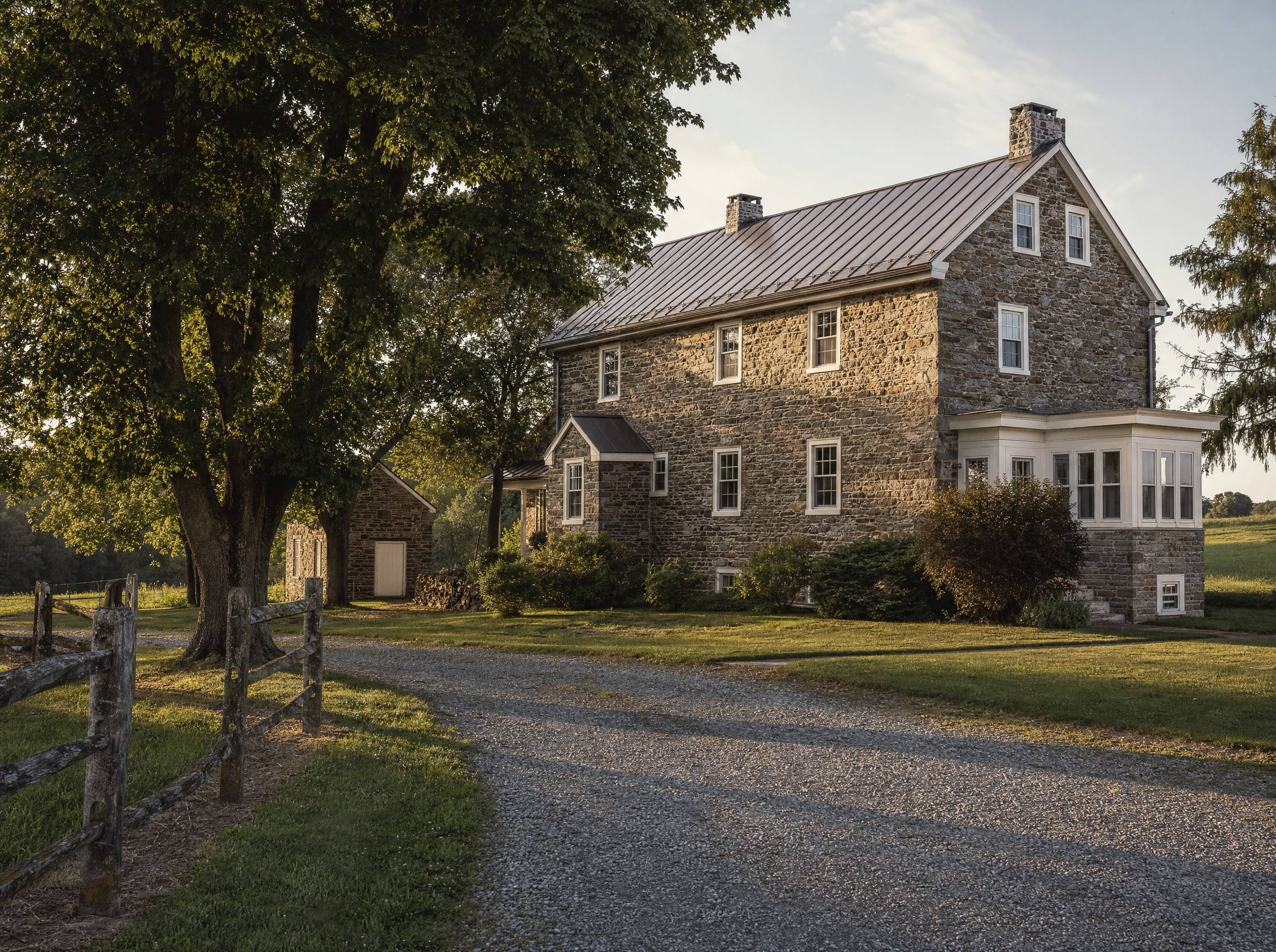 Fieldstone farmhouse with pasture and a gravel lane, offered at public auction
