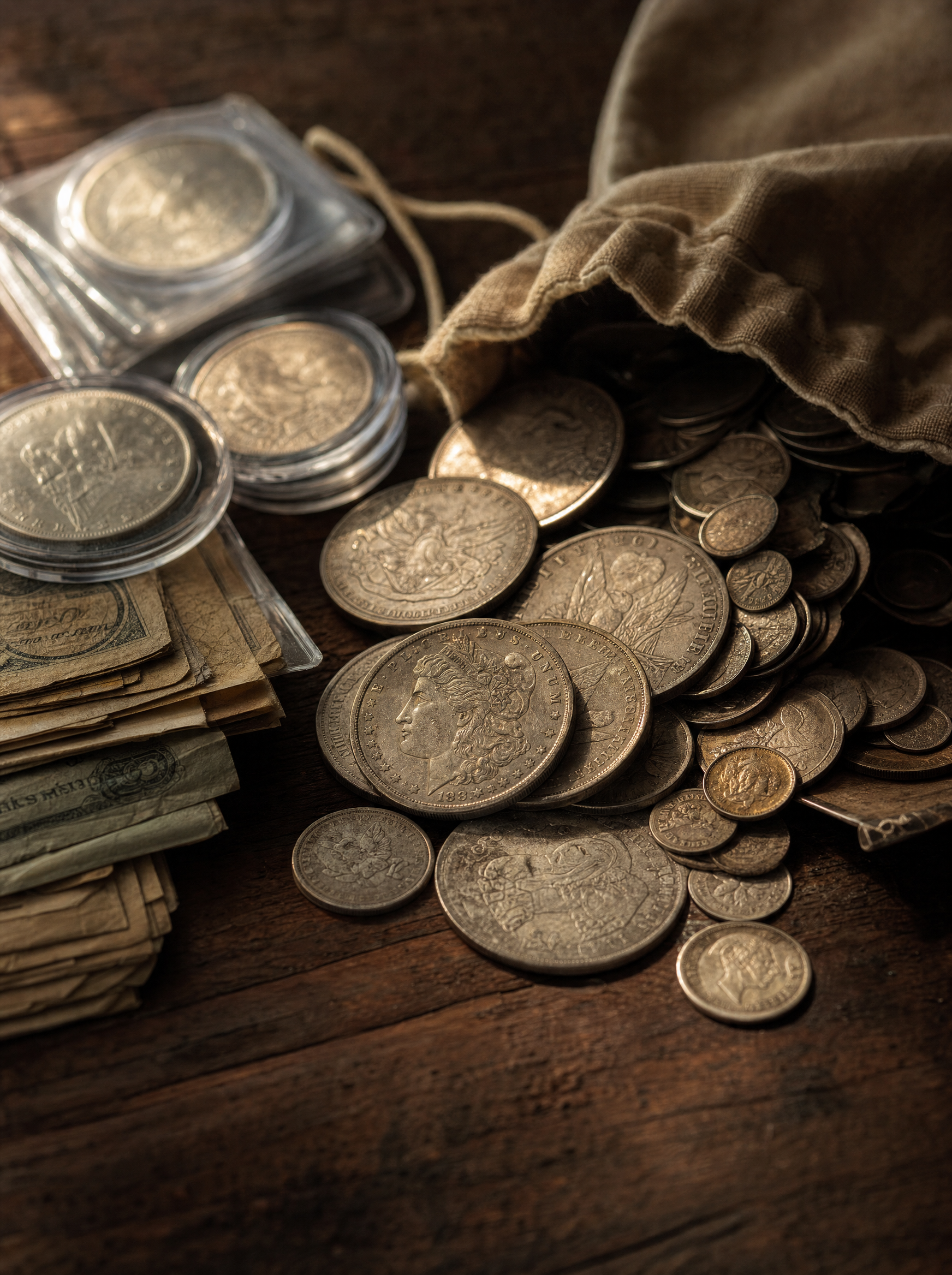 Antique silver coins and old paper currency