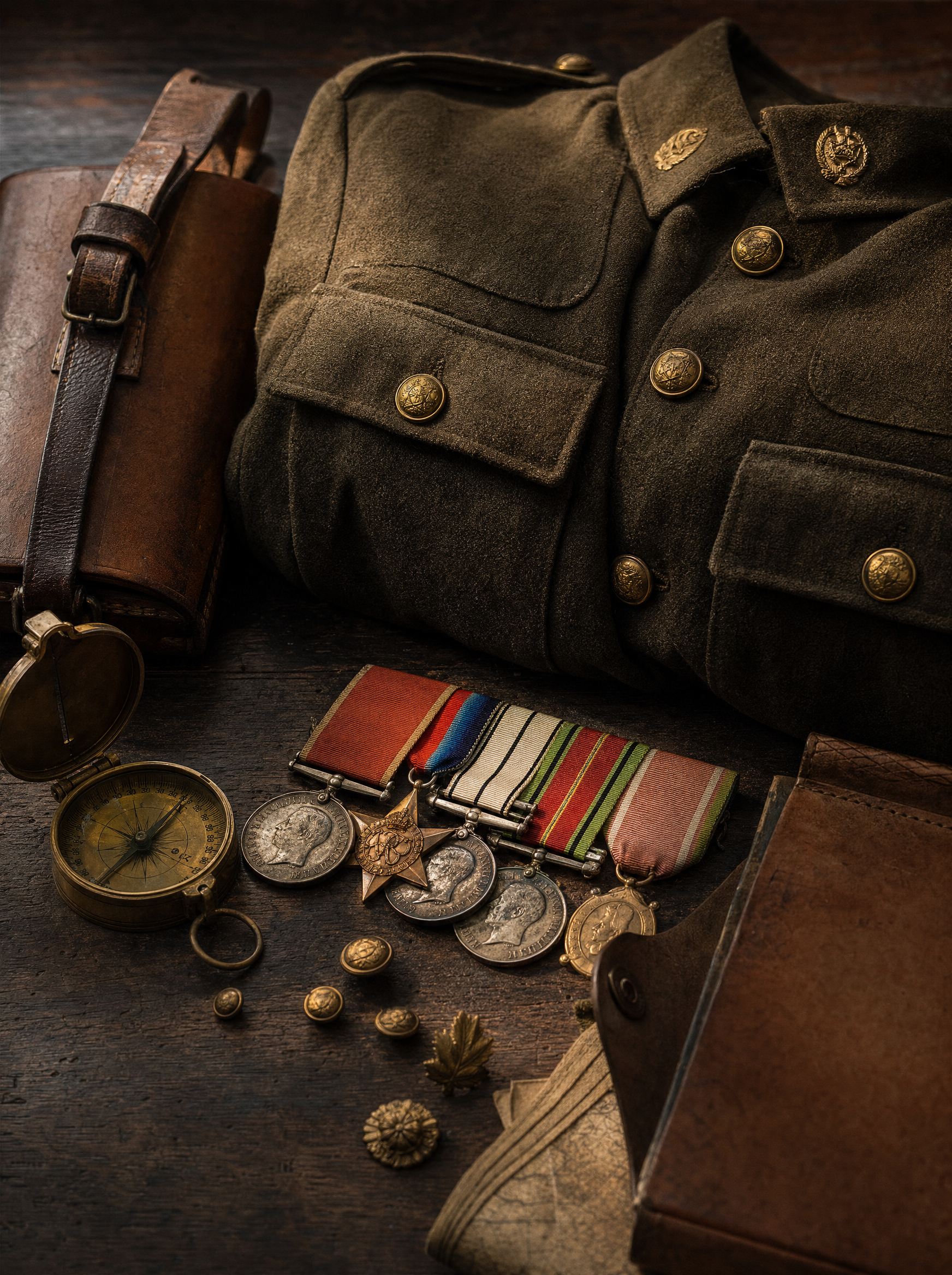 Service medals, brass insignia, a folded uniform and a field compass