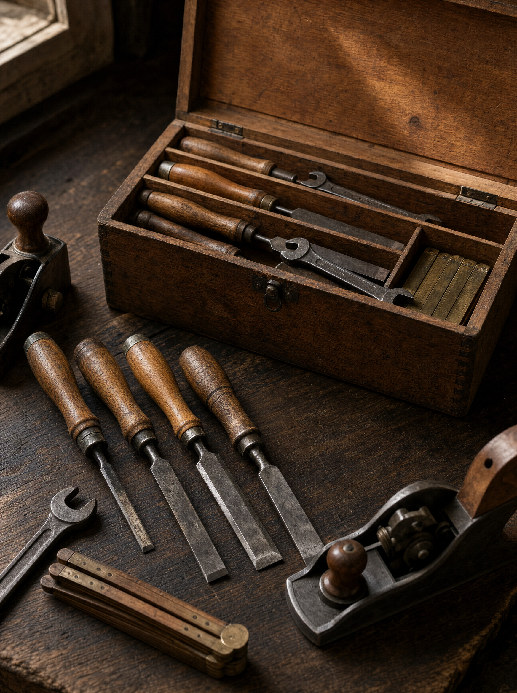Vintage hand tools and an open machinist chest