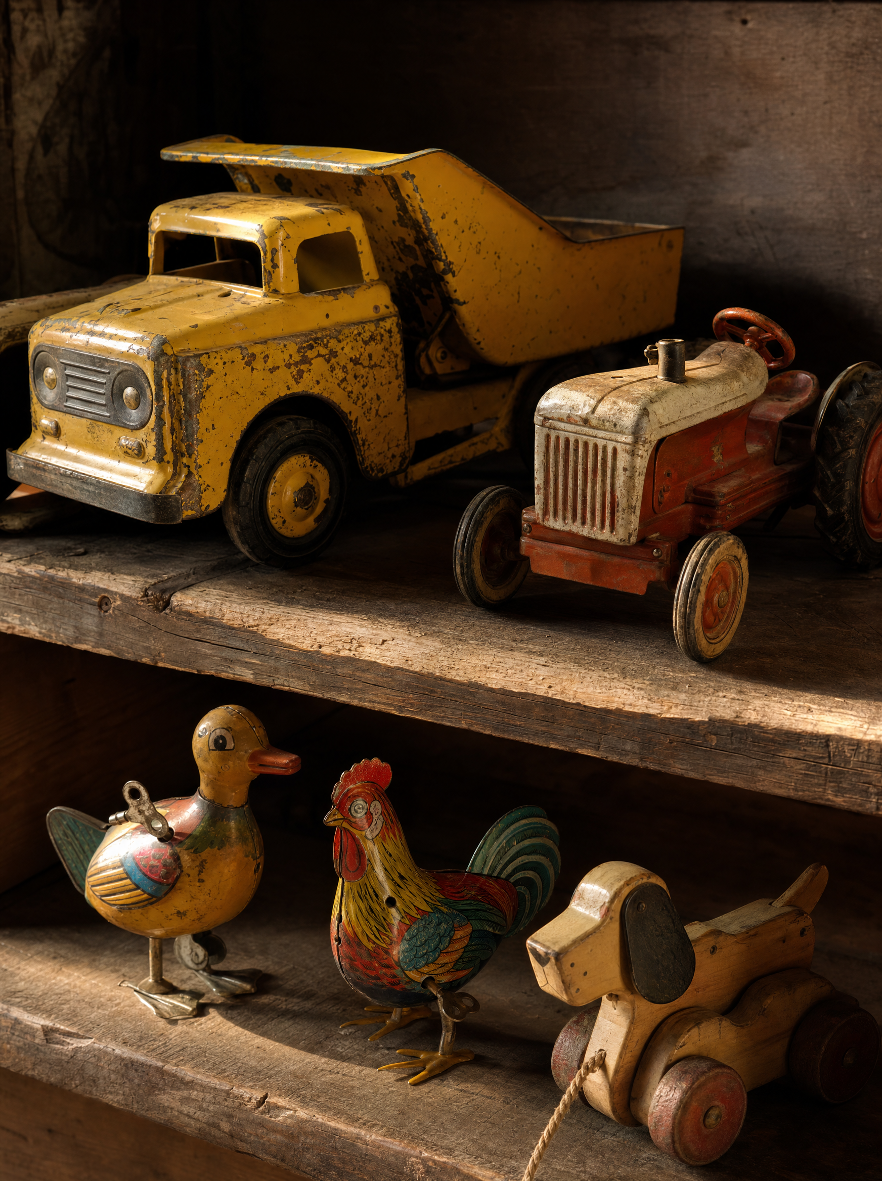Vintage pressed-steel and cast-iron toys on a plank shelf