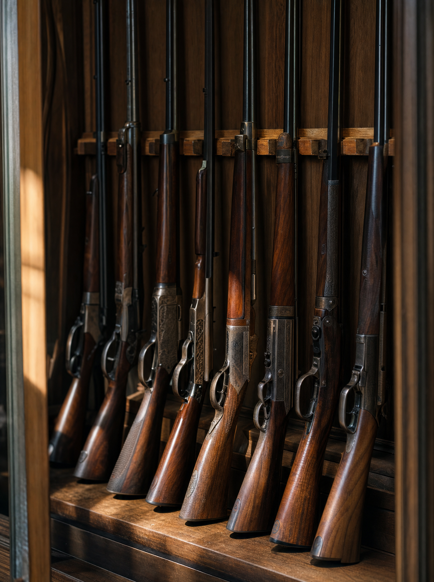 Antique long guns in a wooden display rack