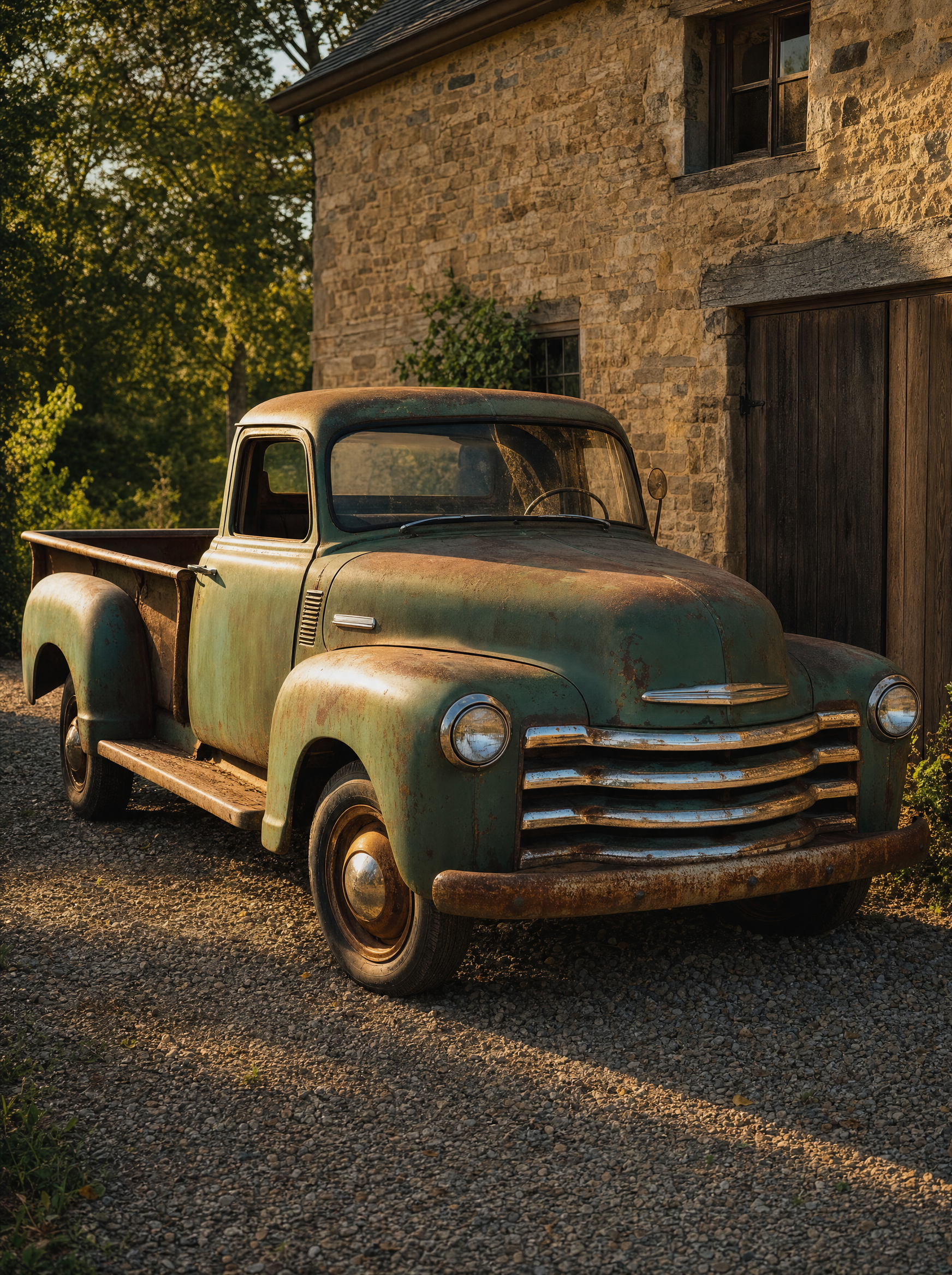 A 1950s pickup truck in original patina beside a stone barn