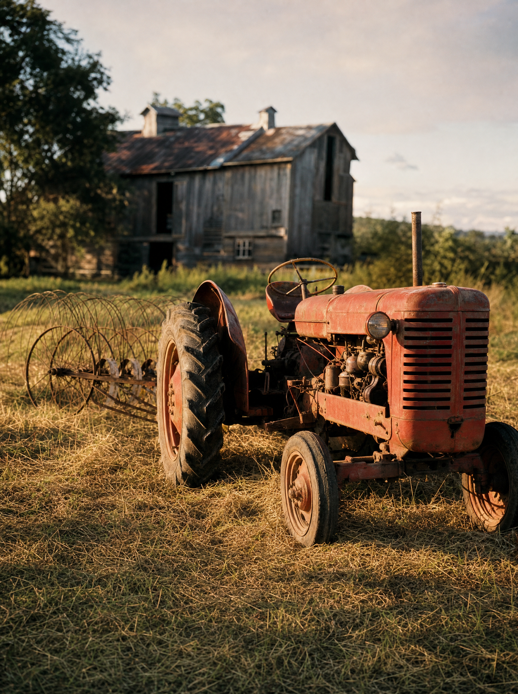 A vintage farm tractor and hay rake in a mown field at golden hour