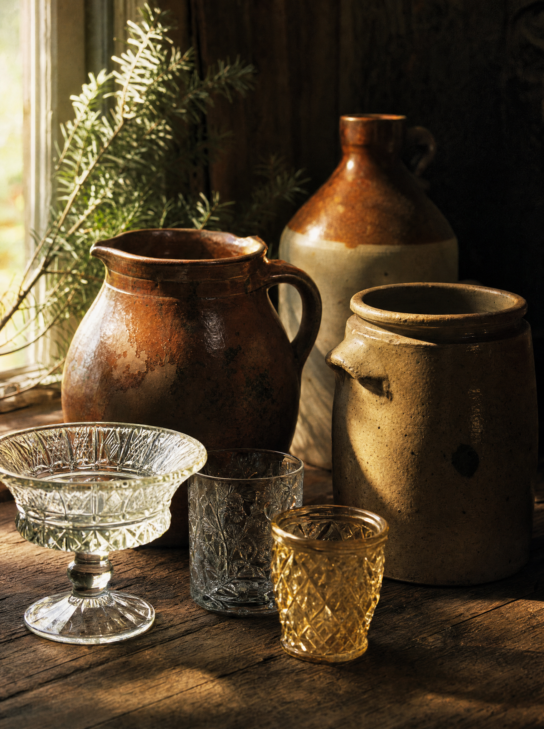 Redware crocks, stoneware jugs and pressed glass from the closed Lancaster online estate auction