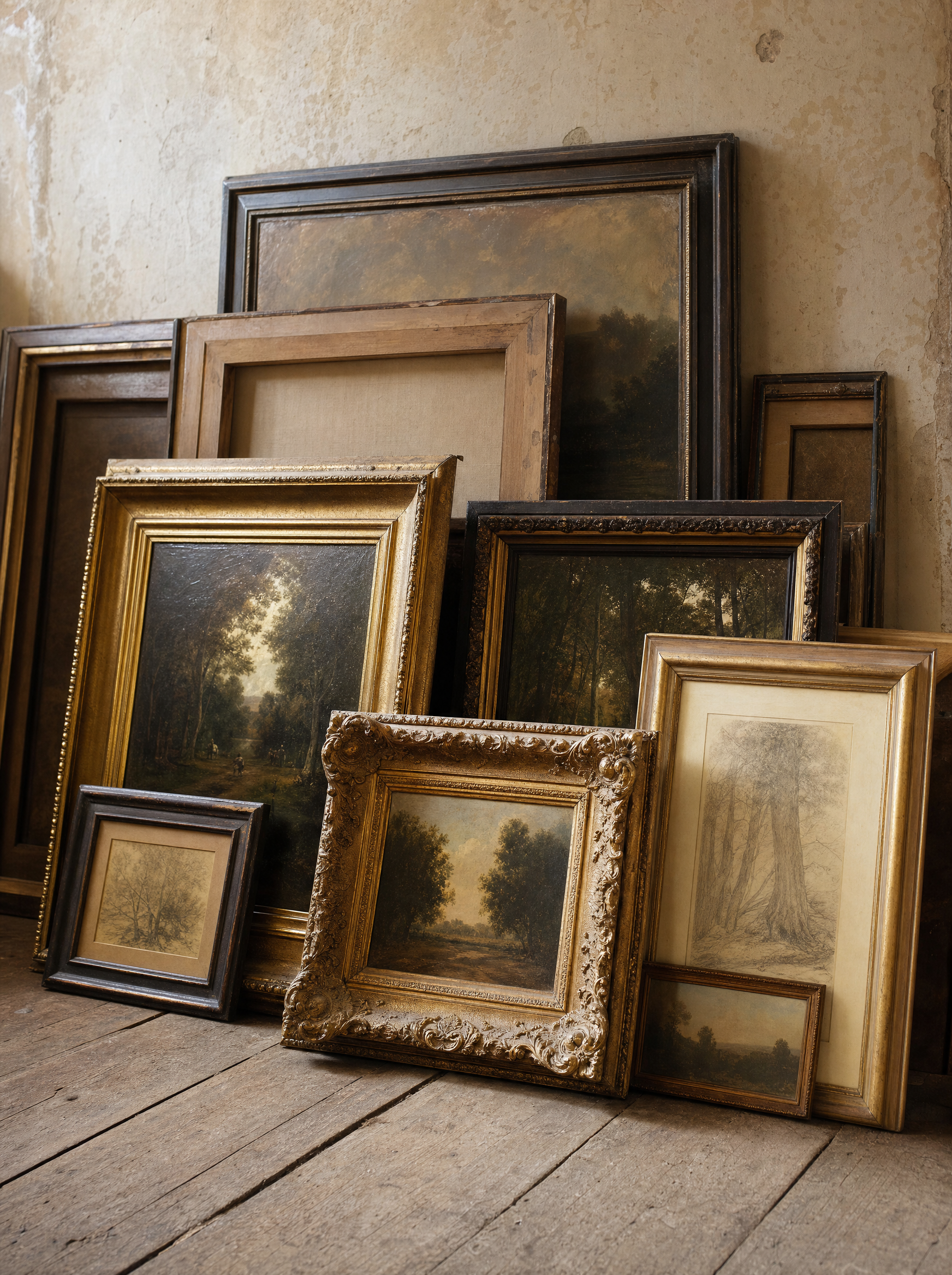 Framed oil paintings and sketches leaning against a plaster wall