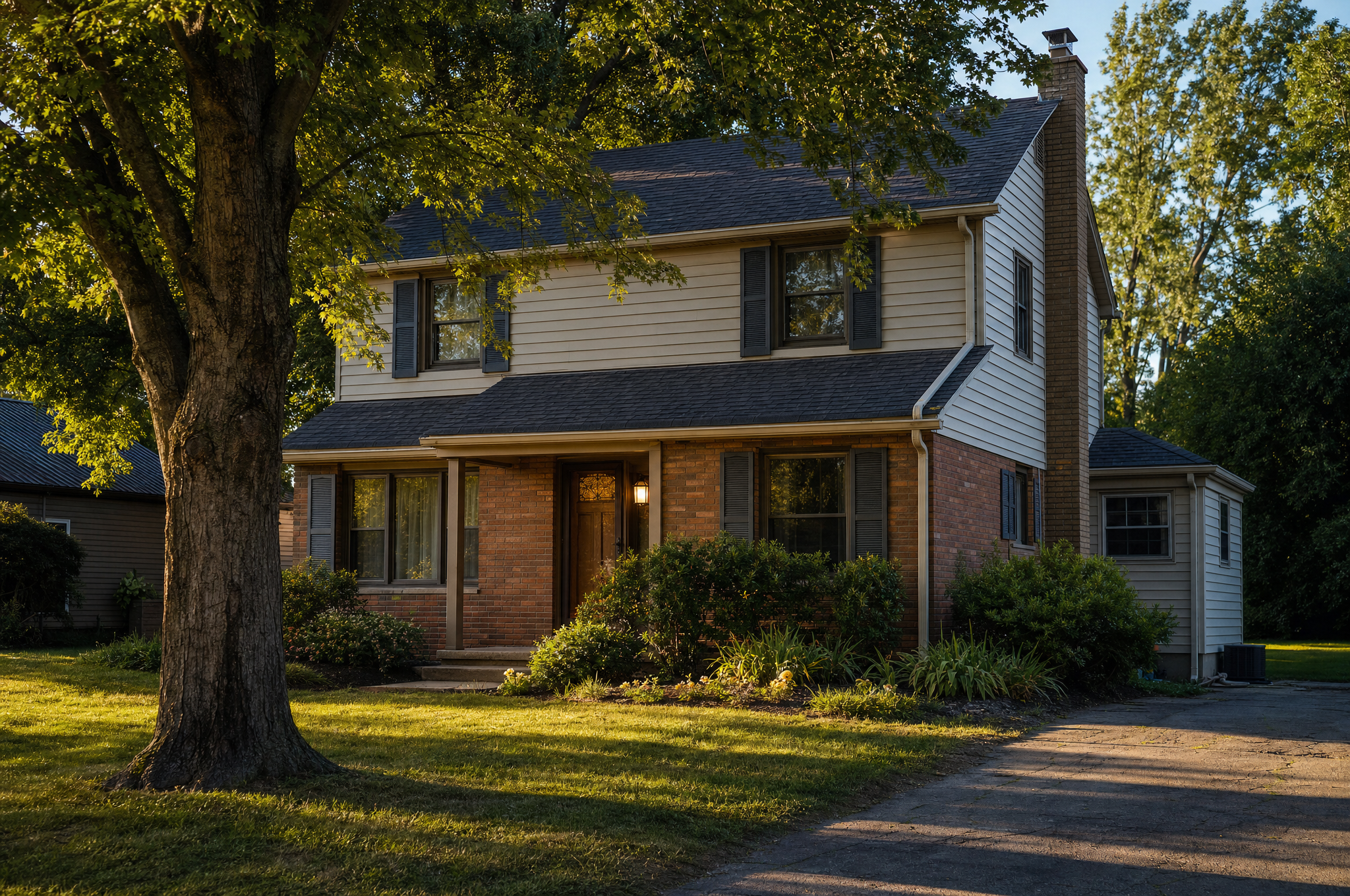 Two-storey home with a mature shade tree and driveway, offered at public auction