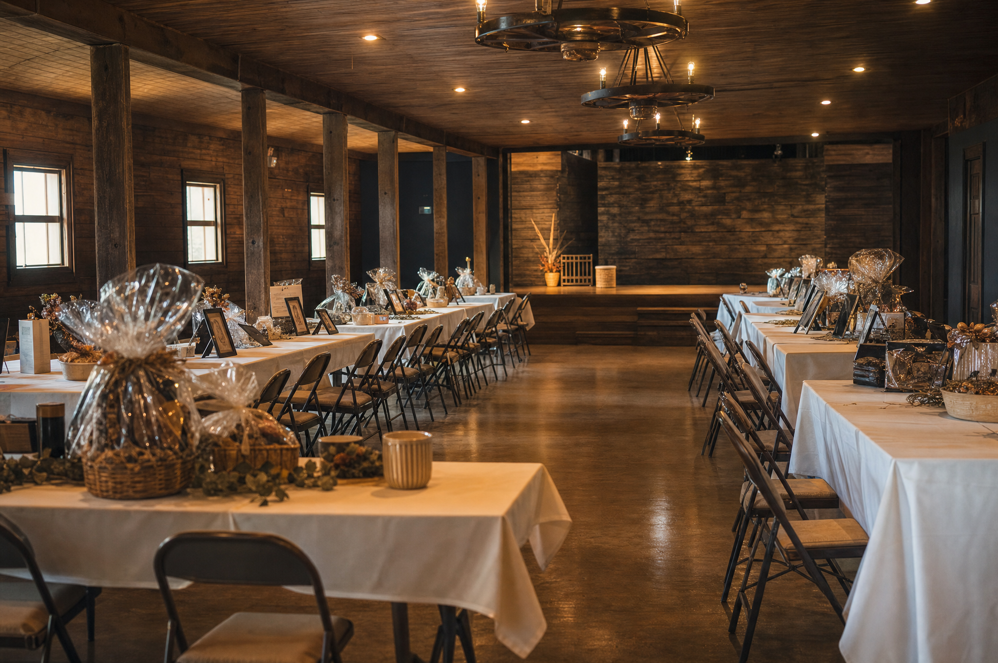 A rural banquet hall set with tables and chairs before a benefit auction