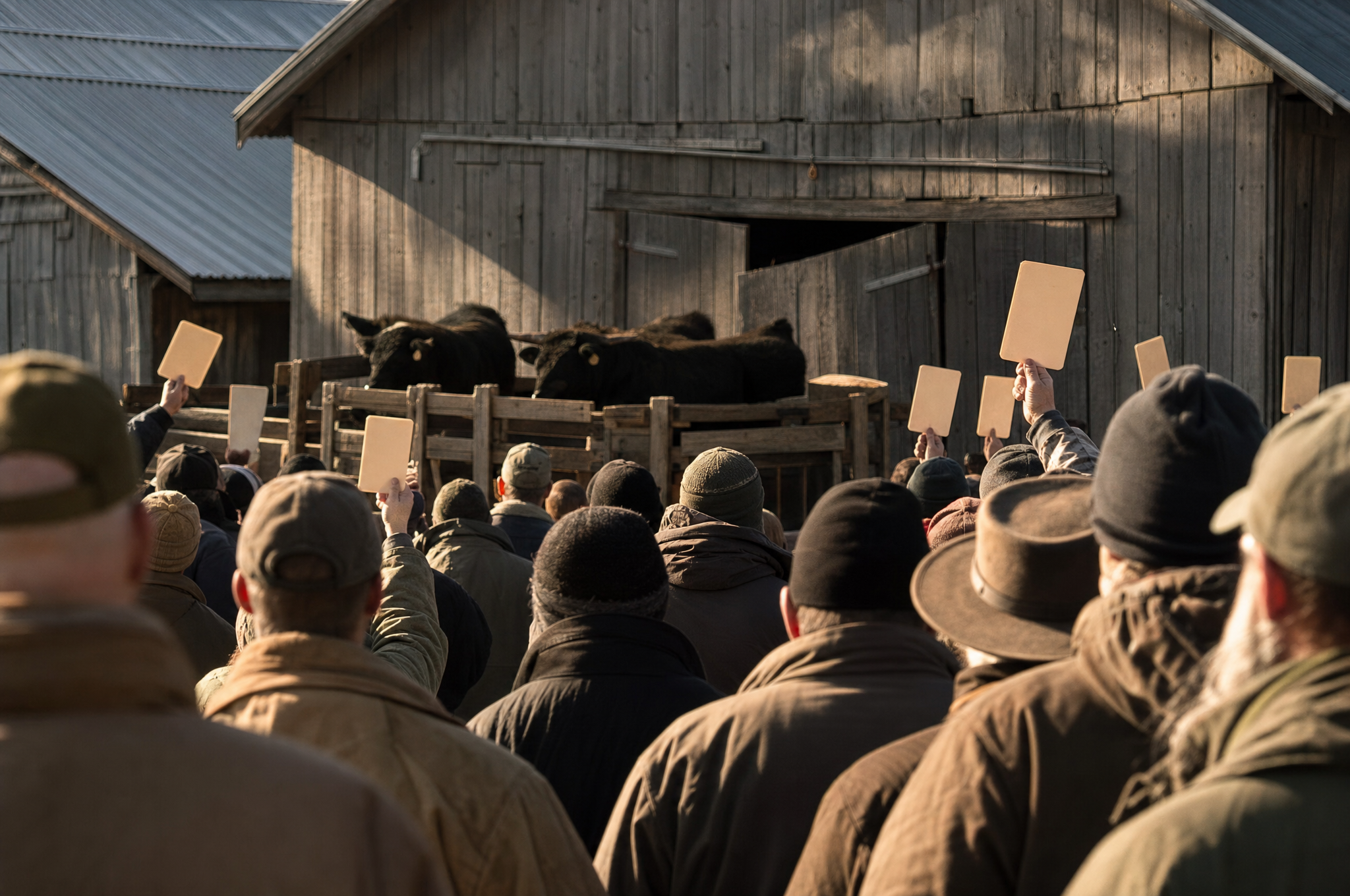Bidders holding up cards at a live farm auction in front of a bank barn