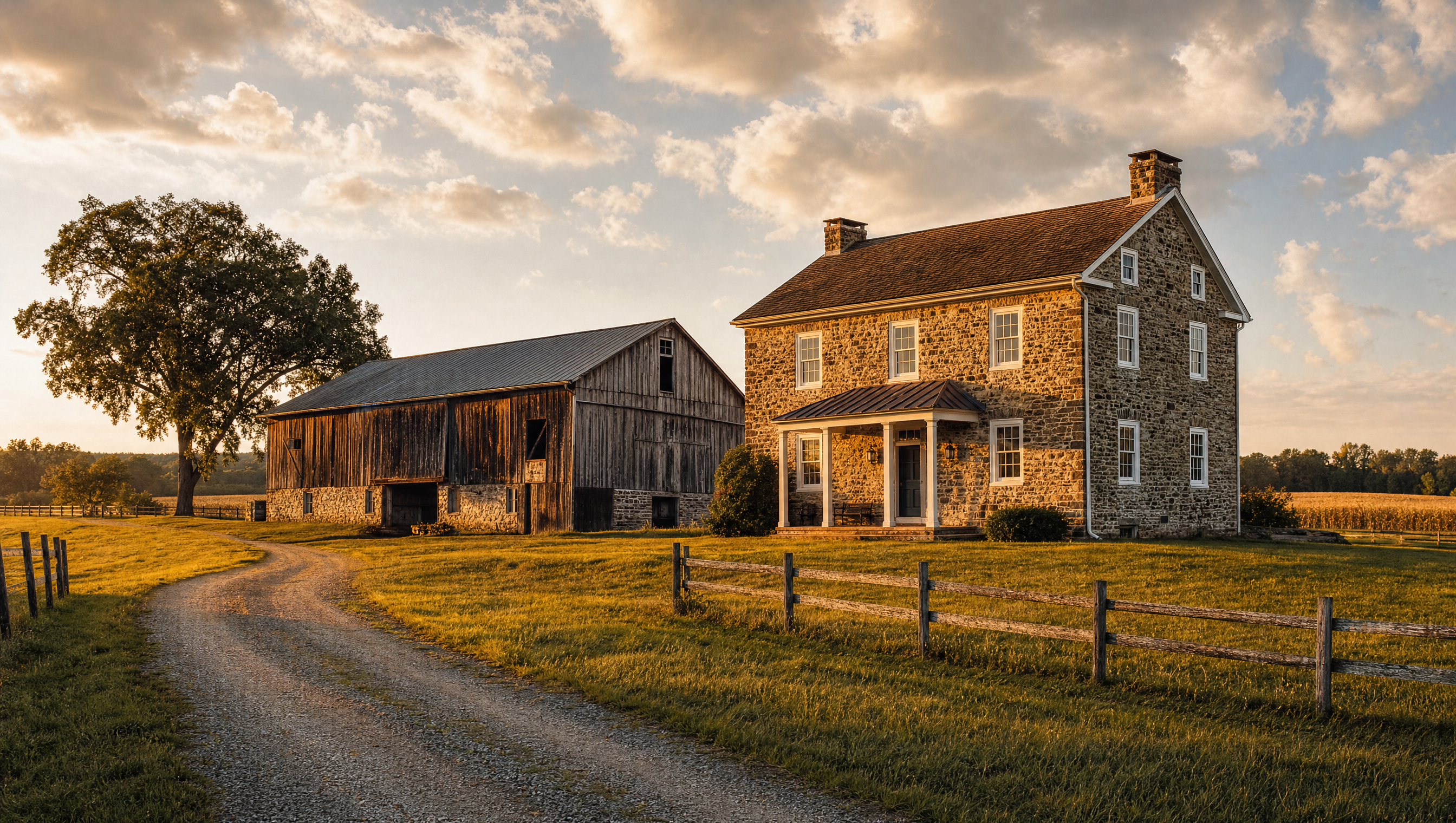 Fieldstone farmhouse and bank barn on Lancaster County farmland at golden hour