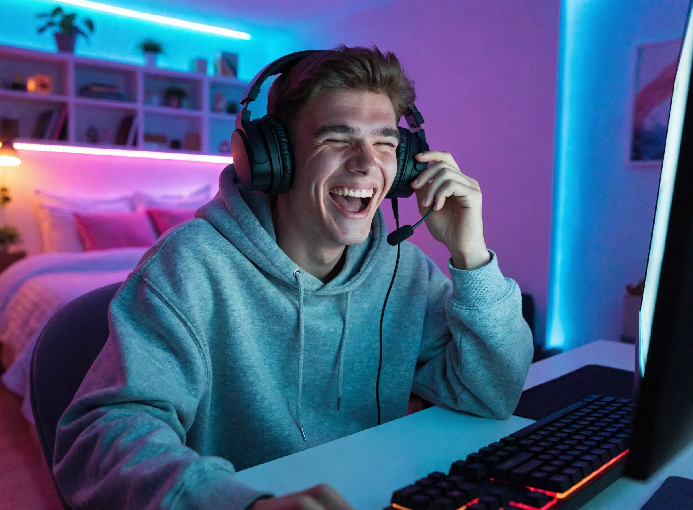 Young Aussie gamer taking his headset off after a win