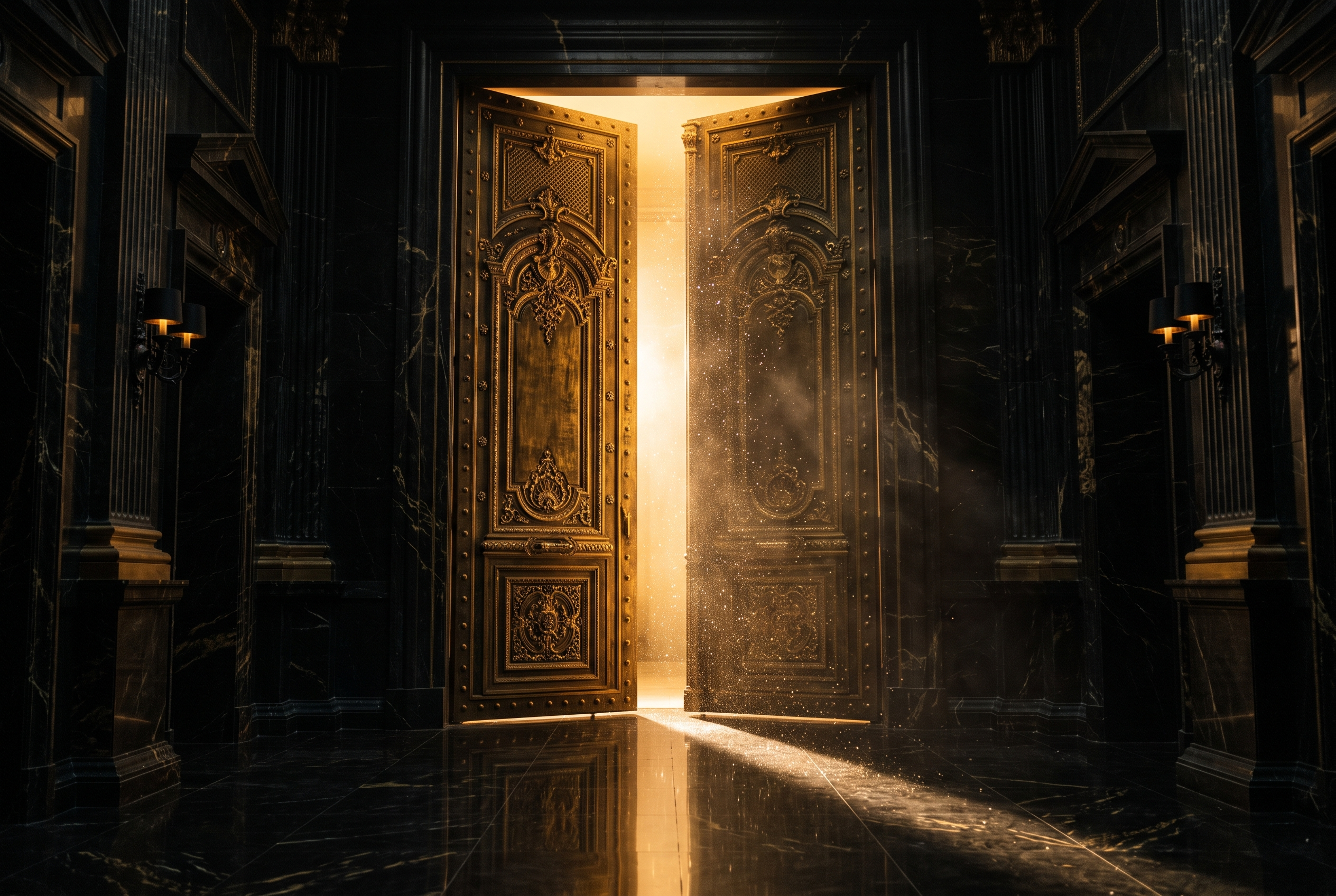 Golden light through the maison doors — The Diamond Harbour, Marmaris