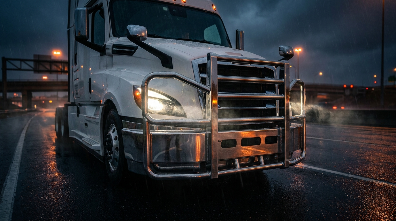 Balkan 304 stainless steel deer guard on a Freightliner Cascadia at night