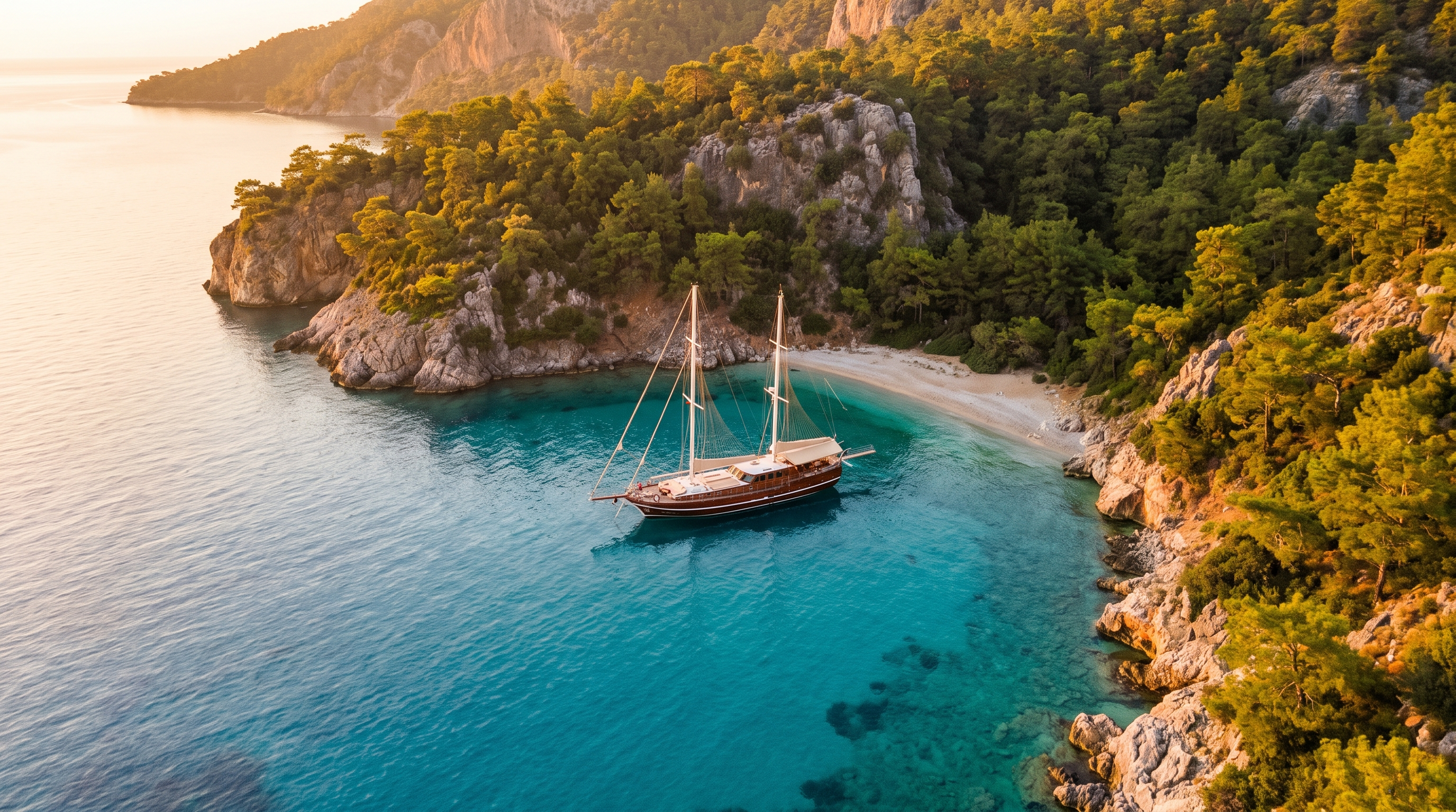 A gulet at anchor in a turquoise Aegean cove at golden hour